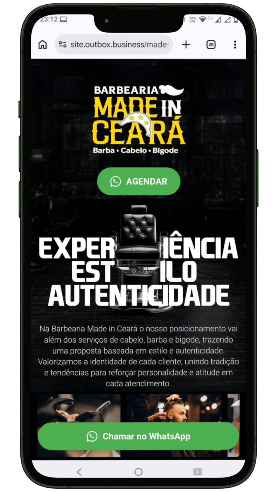 Sua logo, cores, descrição e botão de agendamento