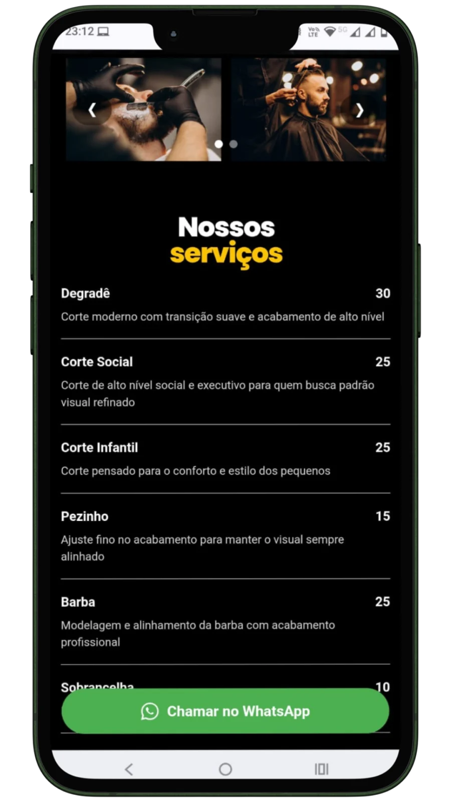Tabela de serviços, preços e galeria de imagens