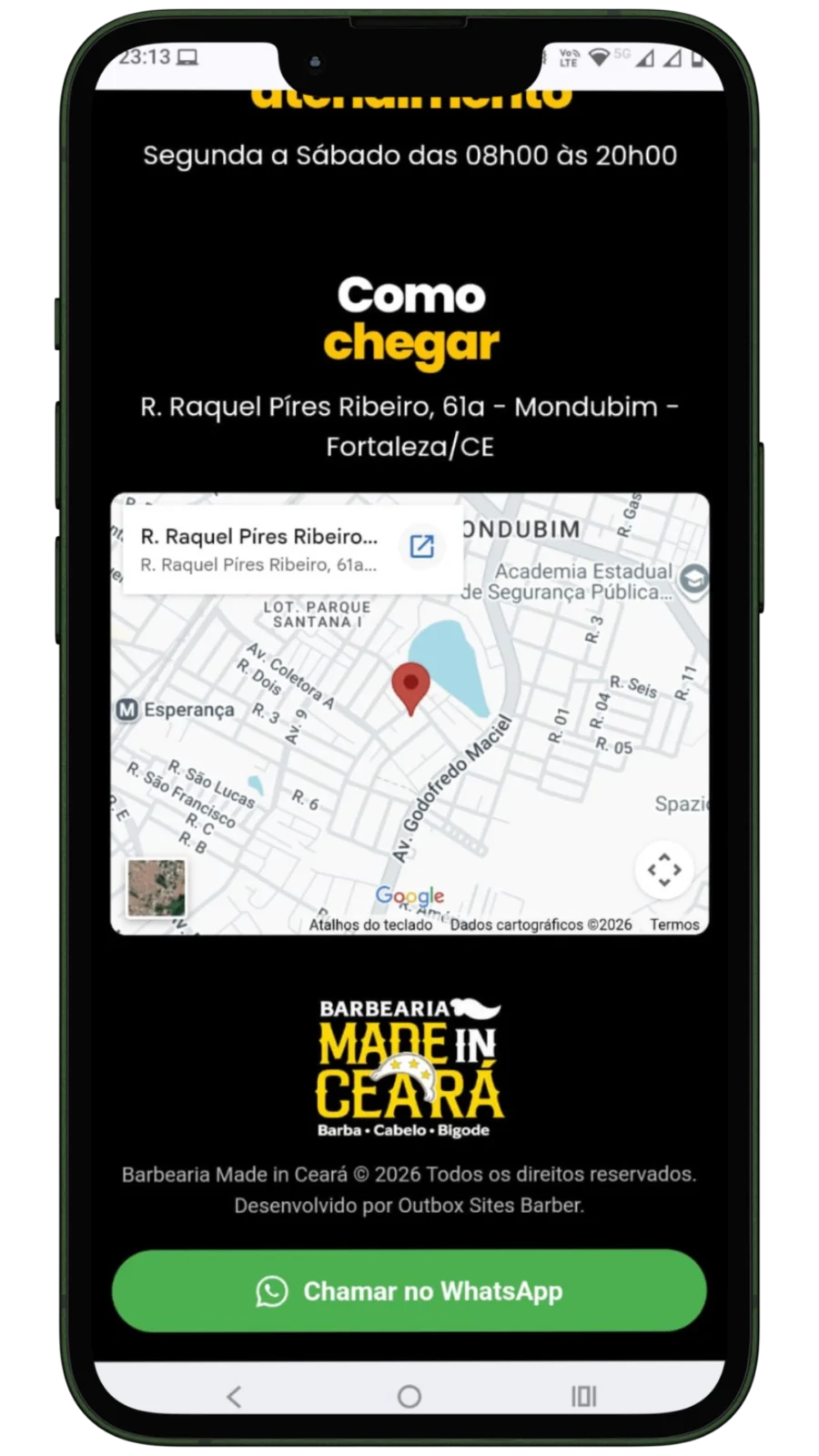 Endereço, mapa interativo do google e botão fixo de Whats